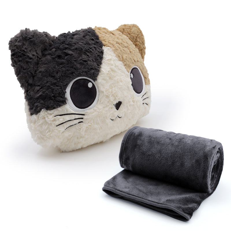 Cat Pillow with Blanket — calico cat pillow and rolled blanket