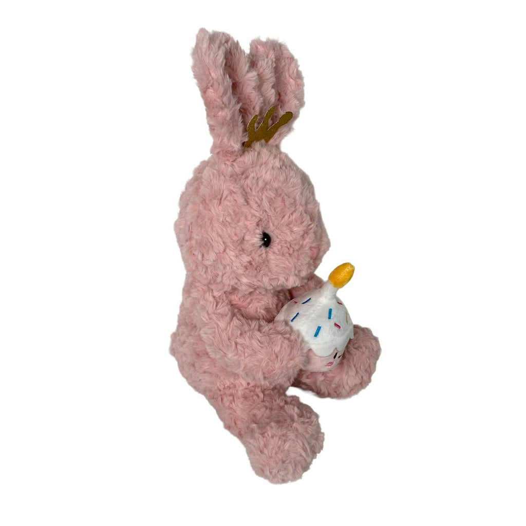Birthday Bunny Plush — side view with cupcake